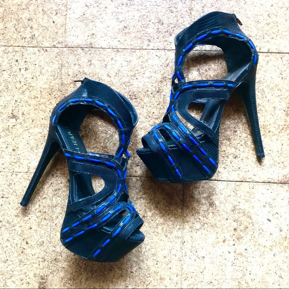 Sassy black and blue super high heels!
